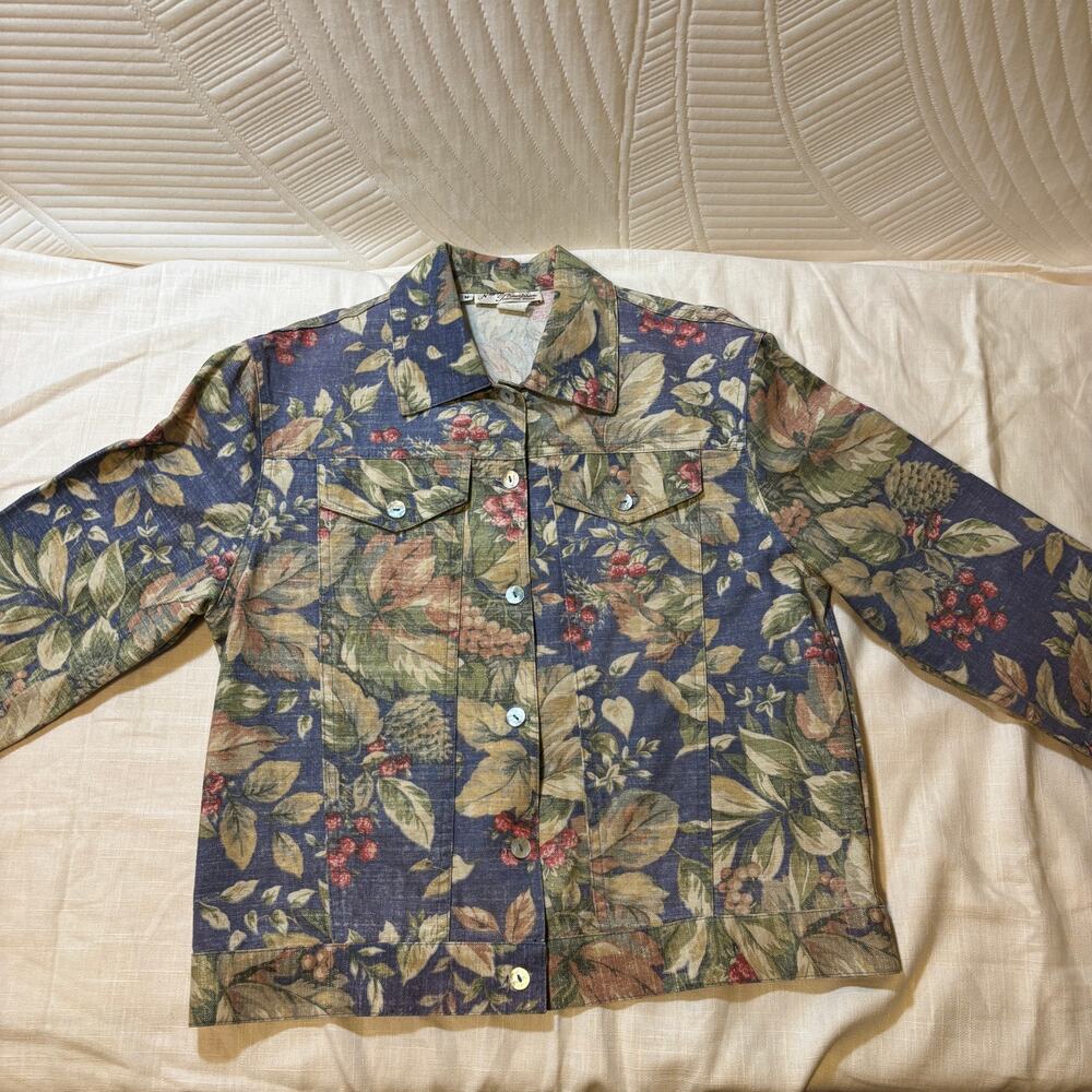Jane Thompson Floral Botanical Jacket Womens M Made USA Button Front Blue